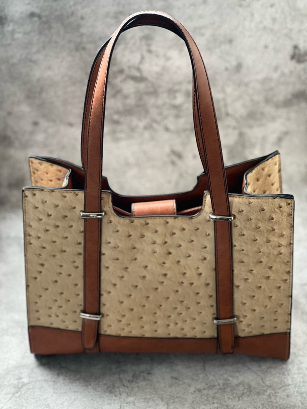 Mondani Tan Ostrich-Texture Shoulder Satchel Bag with Brown Trim